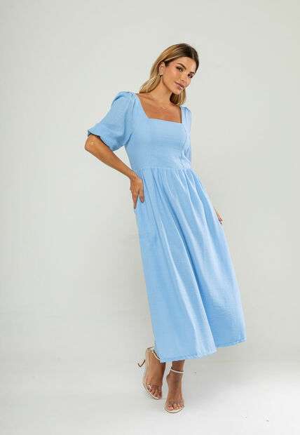 Vestido Longo Com Decote Reto E Manga Bufante 3/4 Azul Salvatore