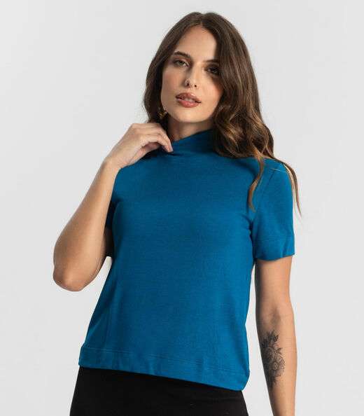 Blusa Feminina Gola Alta ViscoTrico Básica Endless Azul