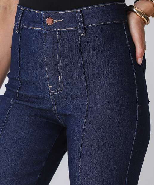 Calça Jeans Reta Feminina Bolsos Azul