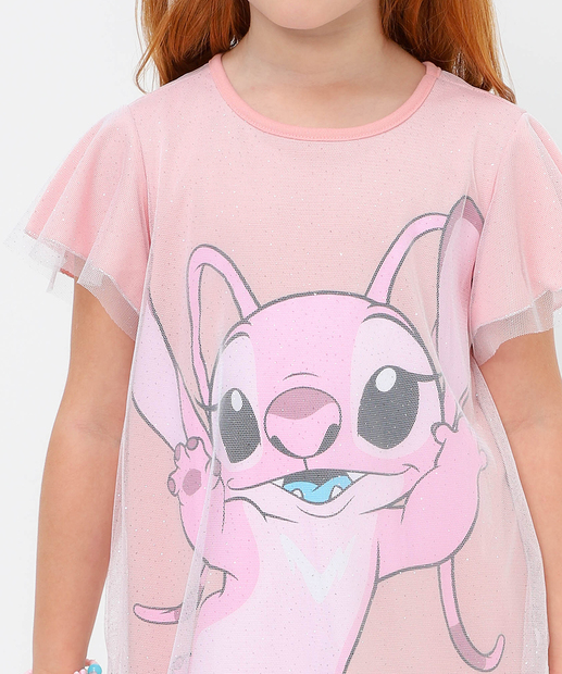 Vestido Infantil Tule Stitch Glitter Manga Curta Tam 4 a 10 Rosa