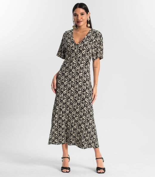 Vestido Estampado Feminino Midi Preto