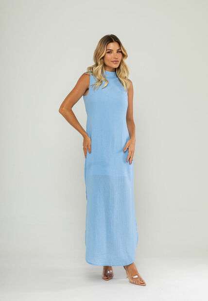 Image_Vestido Longo Gola Alta E Fenda Lateral Azul Salvatore