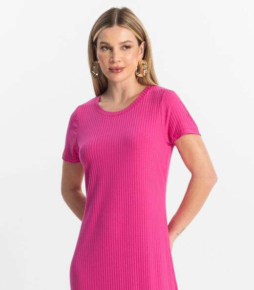 Vestido Midi Ribana Canelada Básico Rovitex Rosa