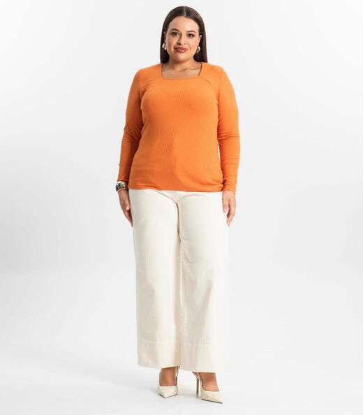 Blusa Plus Size Em Ribana Canelada  Secret Glam Laranja