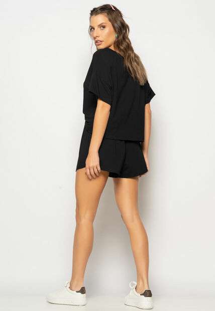 Conjunto Cropped Amplo Manga Curta e Short Malha Preto Salvatore