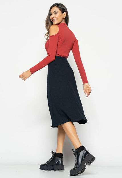 Blusa  Ombro Vazado Manga Longa Canelada Terracota