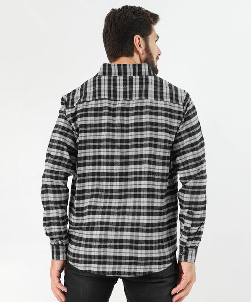 Camisa Masculina Xadrez Manga Longa Marisa Cinza