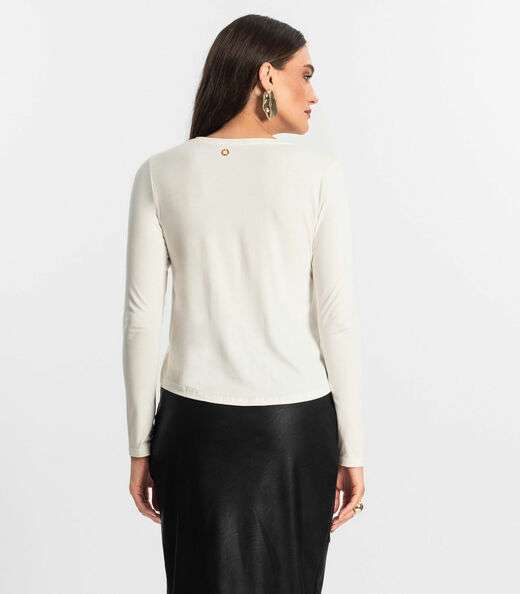 Blusa Manga Longa com Bordado Endless Bege