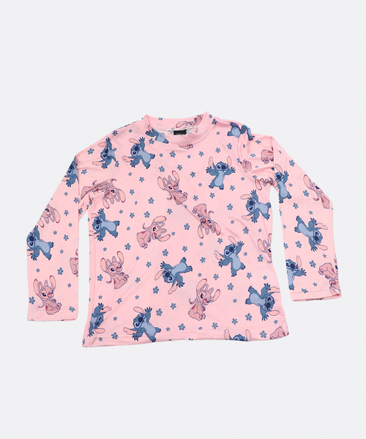 Pijama Infantil Stitch Manga Longa Tam 4 a 12 Rosa