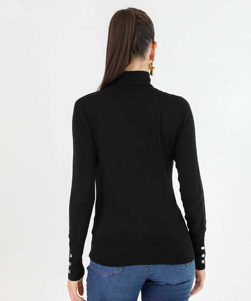 Suéter Feminino Tricô Gola Alta Botões Marisa Preto