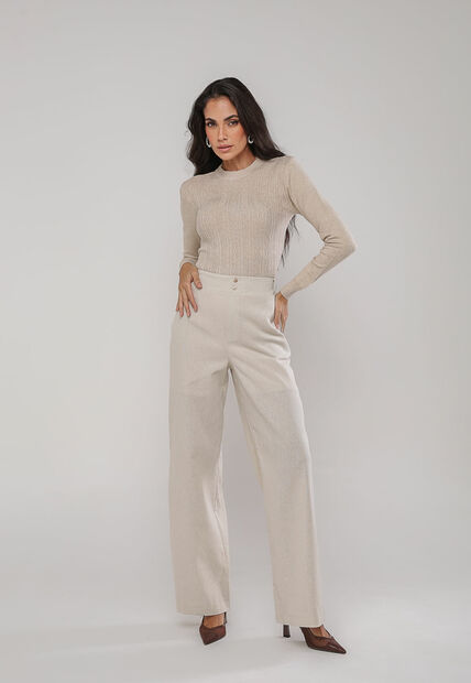 Blusa de Tricot Com Tramas Texturizada Bege Claro Salvatore