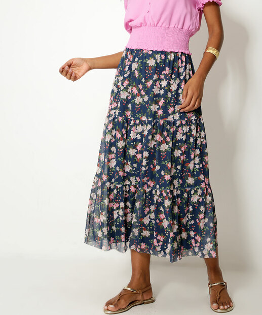 Saia Midi Feminina Tule Estampa Floral Marisa