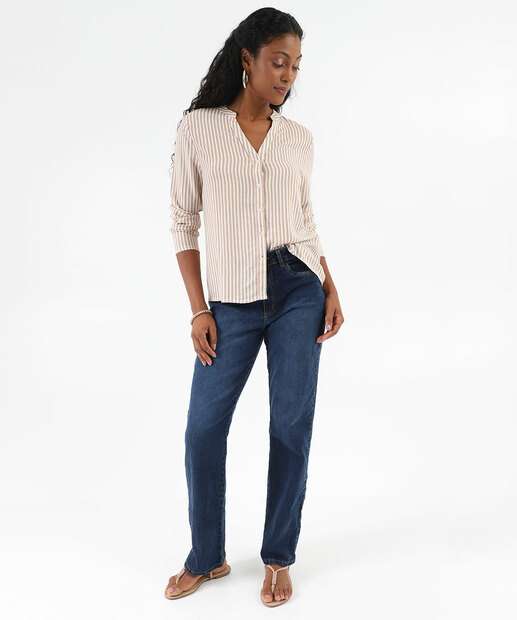 Camisa Feminina Listrada Manga Longa Marisa Bege