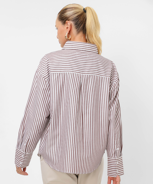 Camisa Feminina Listrada Manga Longa Marisa Marrom