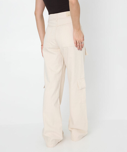 Calça Feminina Sarja Wide Leg Cargo Sawary Bege