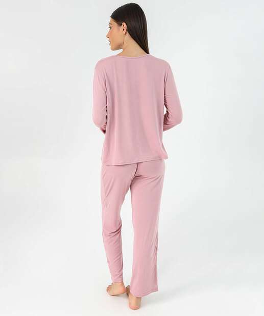 Pijama Feminino Liso Manga Longa Marisa Rosa