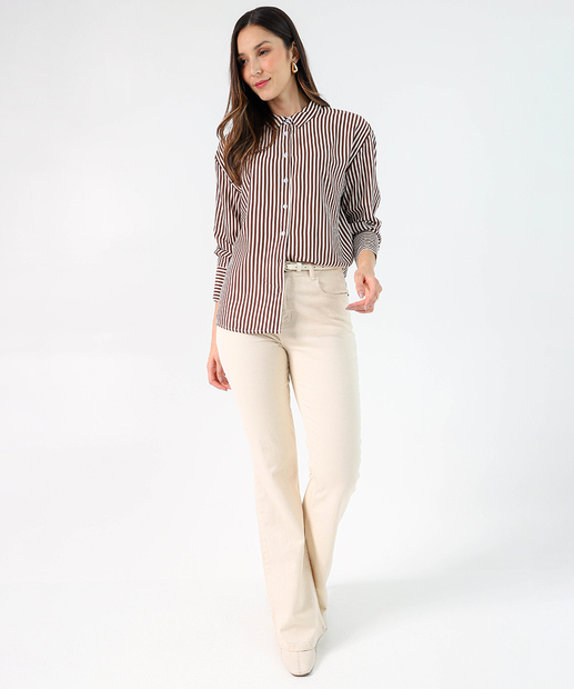Camisa Feminina Listrada Manga Longa Marisa Off White