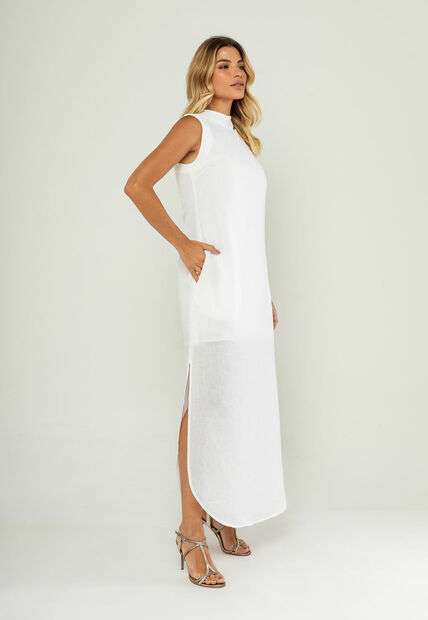 Vestido Longo Gola Alta E Fenda Lateral Branco Salvatore
