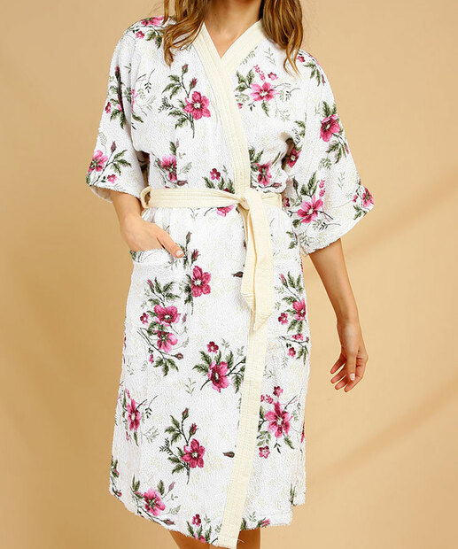 Roupão Feminino Quimono Felpudo Floral Treliça Lepper