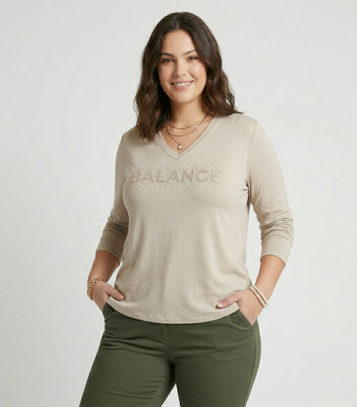 Blusa Manga Longa Plus Size Secret Glam Bege