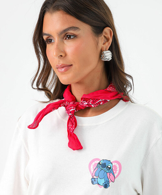 Camiseta Feminina Oversized Stitch Manga Curta Off White