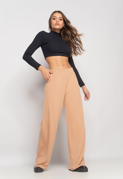 Calça Wide Leg Com Bolso Moletinho Bege Salvatore