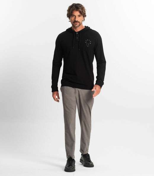 Camiseta Masculina Manga Longa Com Capuz Diametro Preto