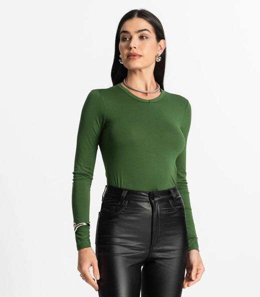 Blusa Manga Longa Decote V Básica Select Verde