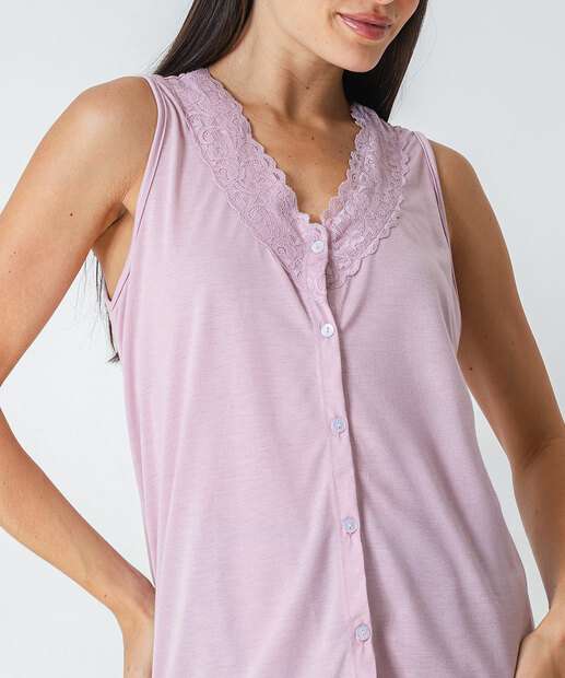 Pijama Feminino Flores Renda Sem Manga Marisa Rosa