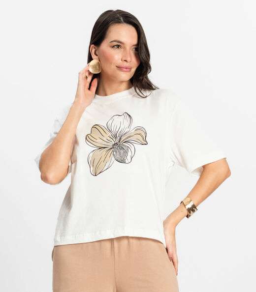 T- Shirt Box Feminina em Meia Malha Rovitex Bege