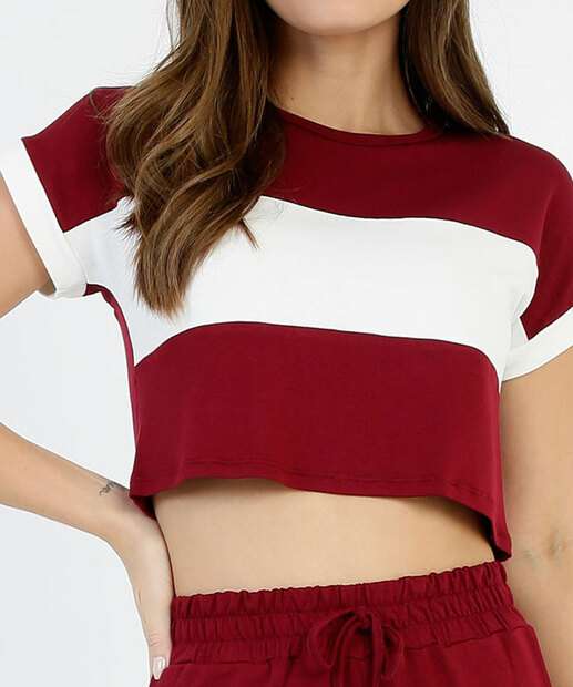 Blusa Cropped Feminina Recorte Manga Curta