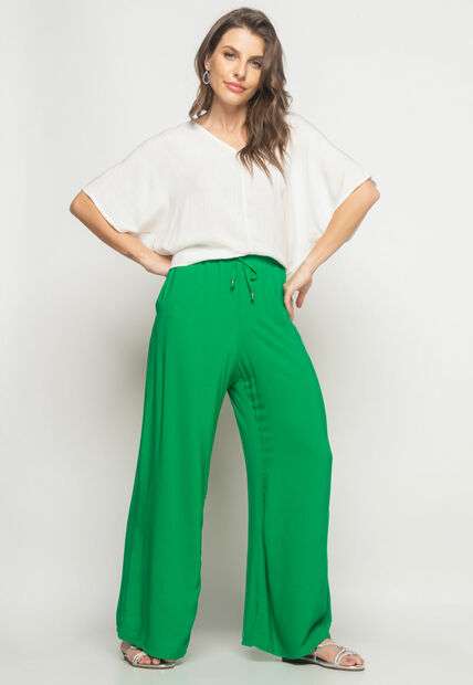 Calça Wide Leg Viscolinho Com Bolso Verde Salvatore Fashion
