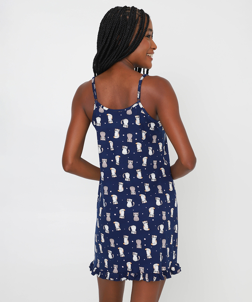 Camisola Estampa Gatos Alças Finas Marisa Azul
