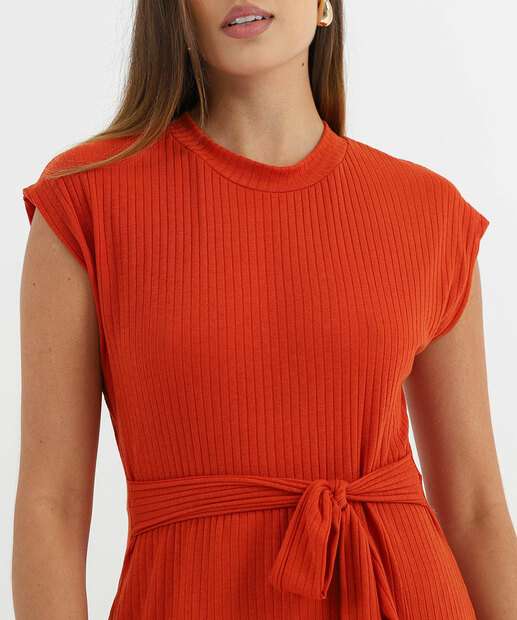 Vestido Feminino Canelado Midi Fenda Marisa Laranja