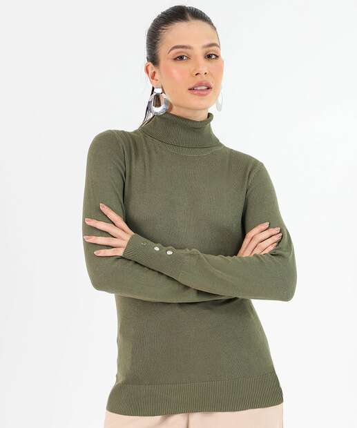 Image_Suéter Feminino Tricô Gola Alta Botões Marisa Verde
