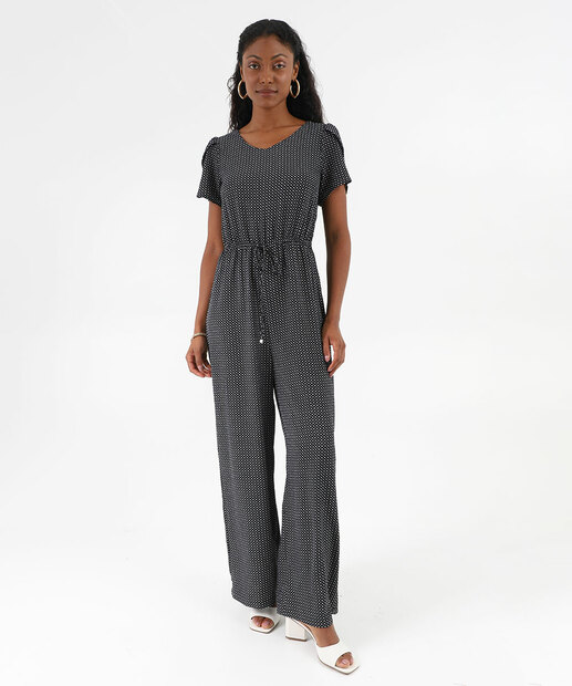 Macacão Feminino Estampado Manga Curta Marisa Preto