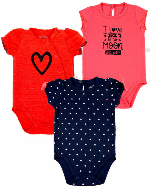 Kit Body Bebê Menina Cotton Estampado Coração I Love You To The Moon - Marinho