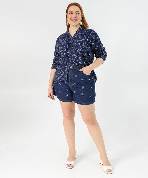 Camisa Plus Size Feminina Estampa Poá Marisa Azul
