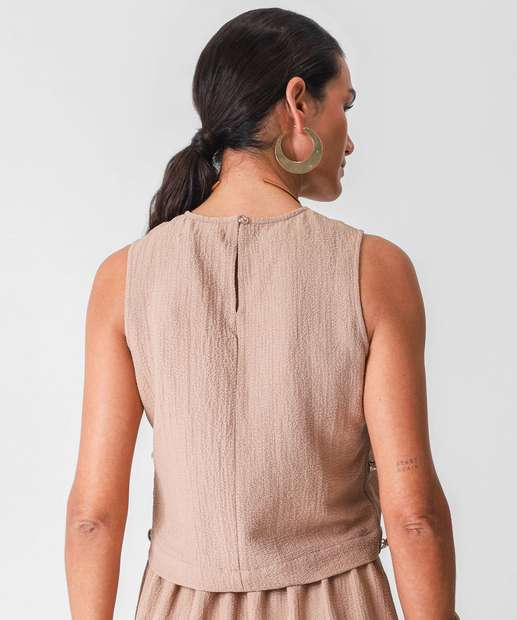 Blusa Regata Feminina Crinkle Botões Marisa Bege