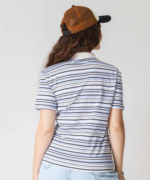 Blusa Polo Feminino Listrado Manga Curta Marisa Off White