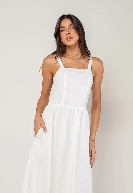 Vestido Alfaiataria Midi Com Alças Largas e Amarração Branco Salvatore