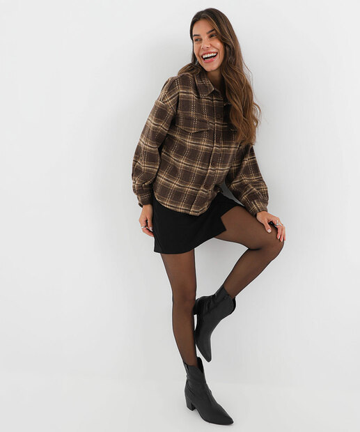 Camisa Feminina Xadrez Flanelada Marisa Marrom
