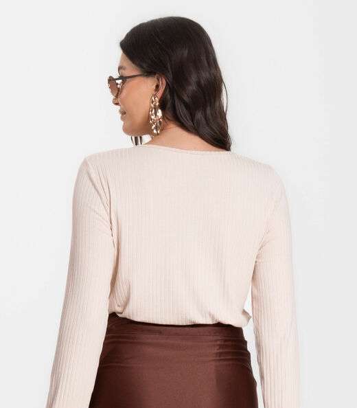 Blusa Feminina Canelada Com Manga Longa Rovitex Bege