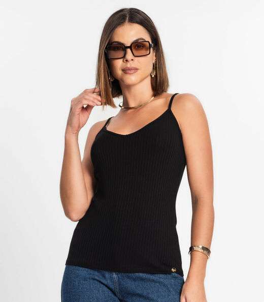 Blusa De Alça Feminina Ribana Canelada Rovitex Preto