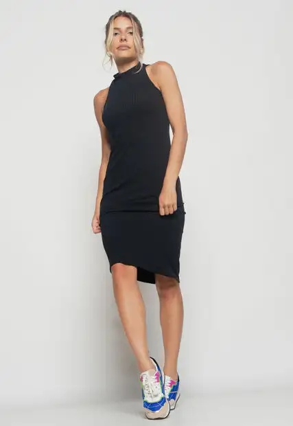 Vestido  Midi Regata Cava Americana Canelado Preto