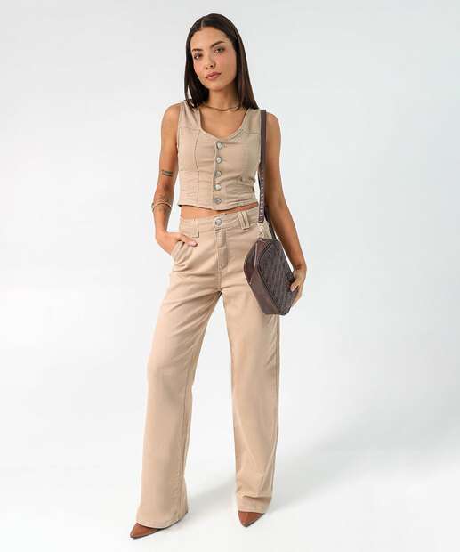 Image_Calça Sarja Reta Feminina Bolsos Sawary Bege