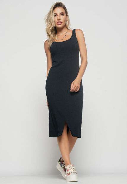 Vestido  Midi Fenda Canelado Preto