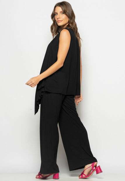 Conjunto Com Kimono, Regata e Wide Leg Malha Preto Salvatore