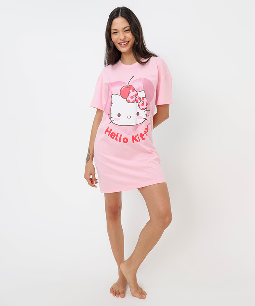 Camisola Estampa Manga Curta Coração Hello Kitty Rosa