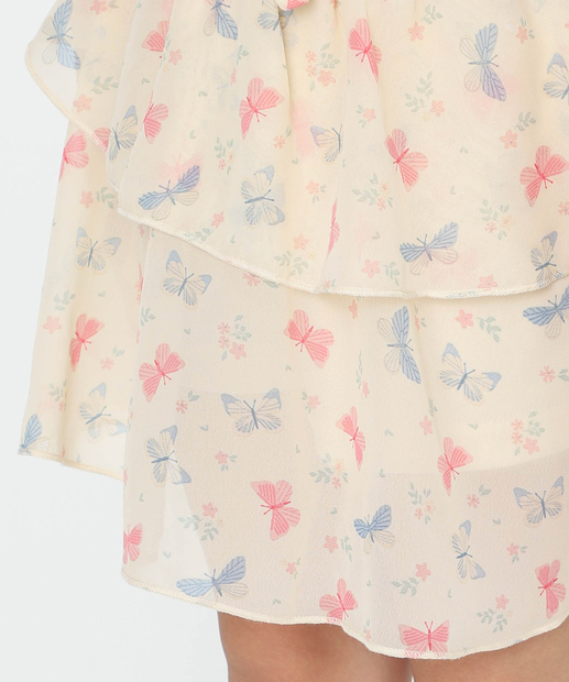 Saia Infantil Chiffon Estampa Borboletas Tam 4 a 10 Bege
